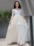 A-Line/Princess Lace Ruffles Off-the-Shoulder 1/2 Sleeves Sweep/Brush Train Junior/Girls Bridesmaid Dresses TPP0005885