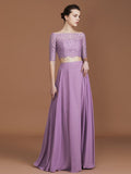 A-Line/Princess Lace Off-the-Shoulder 1/2 Sleeves Floor-Length Chiffon Bridesmaid Dress TPP0005799