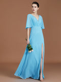 A-Line/Princess V-neck 1/2 Sleeves Floor-Length Chiffon Bridesmaid Dresses TPP0005759