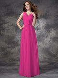 A-line/Princess V-neck Hand-Made Flower Sleeveless Long Chiffon Bridesmaid Dresses TPP0005784