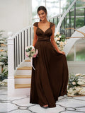 A-Line/Princess Jersey Ruched V-neck Sleeveless Floor-Length Bridesmaid Dresses TPP0005824