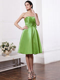 A-Line/Princess Strapless Sleeveless Pleats Hand-Made Flower Short Elastic Woven Satin Bridesmaid Dresses TPP0005843