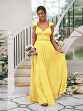 A-Line/Princess Jersey Ruched V-neck Sleeveless Floor-Length Bridesmaid Dresses TPP0005824