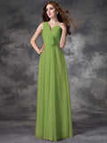 A-line/Princess V-neck Hand-Made Flower Sleeveless Long Chiffon Bridesmaid Dresses TPP0005784