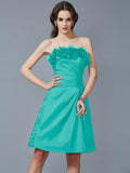 Sheath/Column Strapless Sleeveless Hand-Made Flower Short Taffeta Bridesmaid Dresses TPP0005868