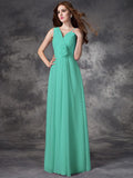 A-line/Princess V-neck Hand-Made Flower Sleeveless Long Chiffon Bridesmaid Dresses TPP0005784