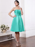 A-Line/Princess Strapless Sleeveless Pleats Hand-Made Flower Short Elastic Woven Satin Bridesmaid Dresses TPP0005843