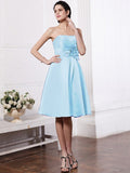 A-Line/Princess Strapless Sleeveless Pleats Hand-Made Flower Short Elastic Woven Satin Bridesmaid Dresses TPP0005843