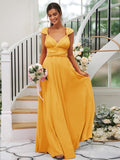 A-Line/Princess Jersey Ruched V-neck Sleeveless Floor-Length Bridesmaid Dresses TPP0005824