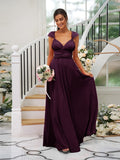 A-Line/Princess Jersey Ruched V-neck Sleeveless Floor-Length Bridesmaid Dresses TPP0005824