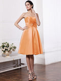 A-Line/Princess Strapless Sleeveless Pleats Hand-Made Flower Short Elastic Woven Satin Bridesmaid Dresses TPP0005843