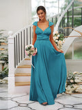 A-Line/Princess Jersey Ruched V-neck Sleeveless Floor-Length Bridesmaid Dresses TPP0005824