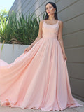 A-Line/Princess Chiffon Lace Spaghetti Straps Sleeveless Sweep/Brush Train Bridesmaid Dresses TPP0005886