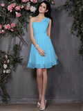 A-Line/Princess One-Shoulder Sleeveless Pleats Short Chiffon Bridesmaid Dresses TPP0005719