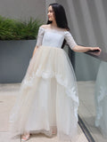 A-Line/Princess Lace Ruffles Off-the-Shoulder 1/2 Sleeves Sweep/Brush Train Junior/Girls Bridesmaid Dresses TPP0005885