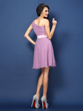 A-Line/Princess One-Shoulder Hand-Made Flower Sleeveless Short Chiffon Bridesmaid Dresses TPP0005833