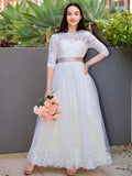 A-Line/Princess Lace Applique Scoop 3/4 Sleeves Floor-Length Junior Bridesmaid Dresses TPP0005859