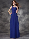 A-line/Princess V-neck Hand-Made Flower Sleeveless Long Chiffon Bridesmaid Dresses TPP0005784