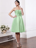 A-Line/Princess Strapless Sleeveless Pleats Hand-Made Flower Short Elastic Woven Satin Bridesmaid Dresses TPP0005843