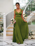 A-Line/Princess Jersey Ruched V-neck Sleeveless Floor-Length Bridesmaid Dresses TPP0005824