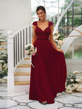 A-Line/Princess Jersey Ruched V-neck Sleeveless Floor-Length Bridesmaid Dresses TPP0005824