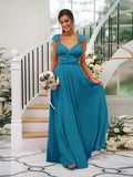 A-Line/Princess Jersey Ruched V-neck Sleeveless Floor-Length Bridesmaid Dresses TPP0005824