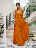 A-Line/Princess Jersey Ruched V-neck Sleeveless Floor-Length Bridesmaid Dresses TPP0005824