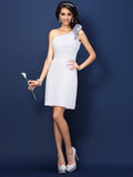 Sheath/Column One-Shoulder Hand-Made Flower Sleeveless Short Chiffon Bridesmaid Dresses TPP0005870