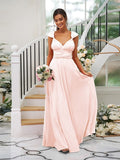 A-Line/Princess Jersey Ruched V-neck Sleeveless Floor-Length Bridesmaid Dresses TPP0005824