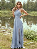 A-Line/Princess Chiffon Ruched Halter Sleeveless Sweep/Brush Train Bridesmaid Dresses TPP0005877