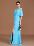 A-Line/Princess V-neck 1/2 Sleeves Floor-Length Chiffon Bridesmaid Dresses TPP0005759