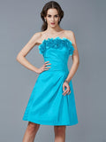 Sheath/Column Strapless Sleeveless Hand-Made Flower Short Taffeta Bridesmaid Dresses TPP0005868