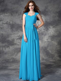 A-line/Princess Straps Ruffles Sleeveless Long Chiffon Bridesmaid Dresses TPP0005800