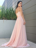 A-Line/Princess Chiffon Lace Spaghetti Straps Sleeveless Sweep/Brush Train Bridesmaid Dresses TPP0005886