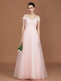 A-Line/Princess Short Sleeves Lace Spaghetti Straps Ruched Sweetheart Floor-Length Tulle Bridesmaid Dresses TPP0005826