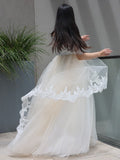 A-Line/Princess Lace Ruffles Off-the-Shoulder 1/2 Sleeves Sweep/Brush Train Junior/Girls Bridesmaid Dresses TPP0005885