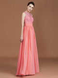 A-Line/Princess Jewel Sleeveless Lace Floor-Length Chiffon Bridesmaid Dresses TPP0005806