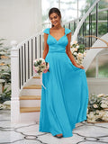 A-Line/Princess Jersey Ruched V-neck Sleeveless Floor-Length Bridesmaid Dresses TPP0005824