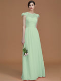 A-Line/Princess Jewel Short Sleeves Floor-Length Lace Chiffon Bridesmaid Dresses TPP0005810