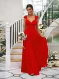 A-Line/Princess Jersey Ruched V-neck Sleeveless Floor-Length Bridesmaid Dresses TPP0005824