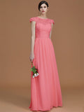 A-Line/Princess Jewel Short Sleeves Floor-Length Lace Chiffon Bridesmaid Dresses TPP0005810