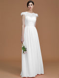 A-Line/Princess Jewel Short Sleeves Floor-Length Lace Chiffon Bridesmaid Dresses TPP0005810