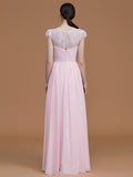 A-Line/Princess Jewel Short Sleeves Floor-Length Lace Chiffon Bridesmaid Dresses TPP0005810