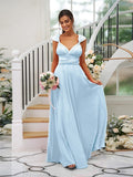 A-Line/Princess Jersey Ruched V-neck Sleeveless Floor-Length Bridesmaid Dresses TPP0005824