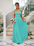 A-Line/Princess Jersey Ruched V-neck Sleeveless Floor-Length Bridesmaid Dresses TPP0005824