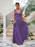 A-Line/Princess Jersey Ruched V-neck Sleeveless Floor-Length Bridesmaid Dresses TPP0005824