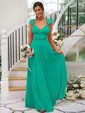 A-Line/Princess Jersey Ruched V-neck Sleeveless Floor-Length Bridesmaid Dresses TPP0005824