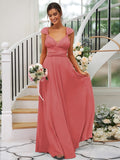 A-Line/Princess Jersey Ruched V-neck Sleeveless Floor-Length Bridesmaid Dresses TPP0005824