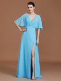 A-Line/Princess V-neck 1/2 Sleeves Floor-Length Chiffon Bridesmaid Dresses TPP0005759