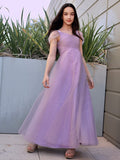 A-Line/Princess Tulle Ruched V-neck Short Sleeves Floor-Length Junior/Girls Bridesmaid Dresses TPP0005881